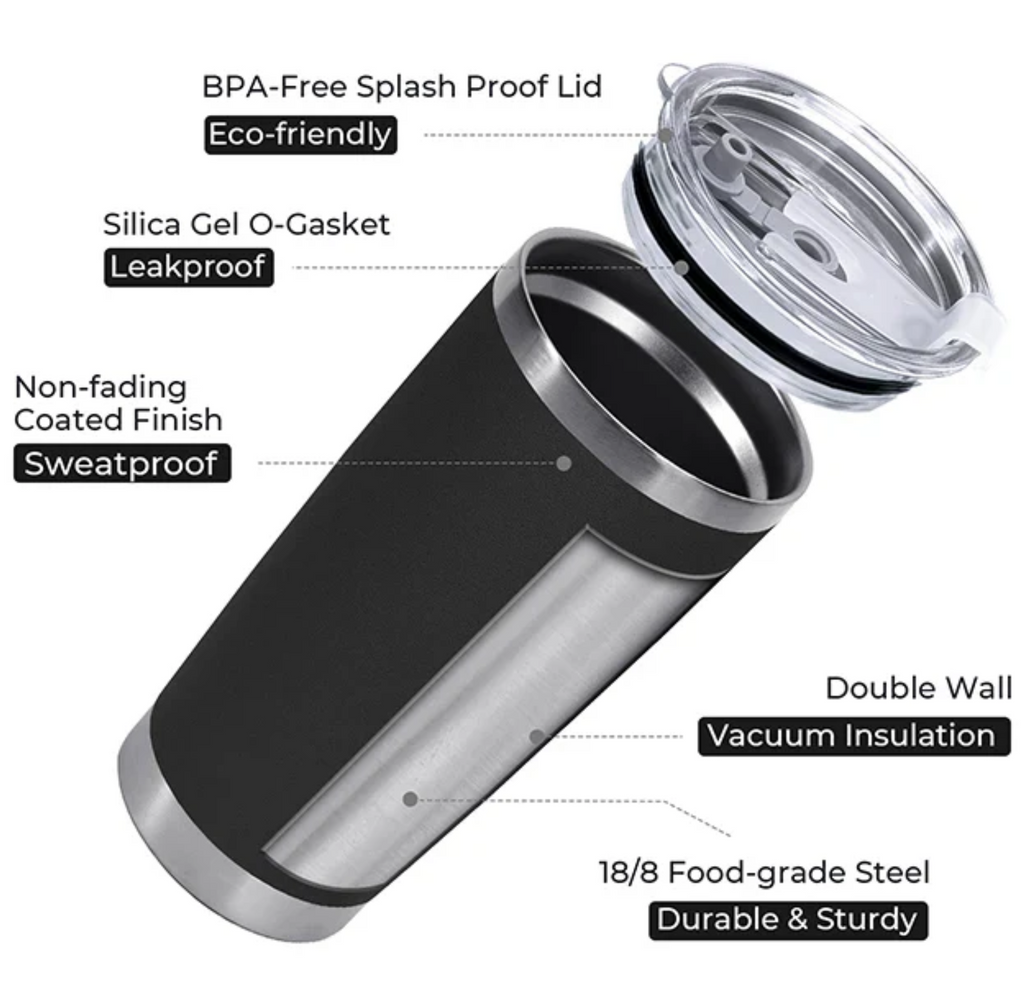 Stainless Steel Coffee Tumbler 20oz (Black Exterior) - Custom Engraved