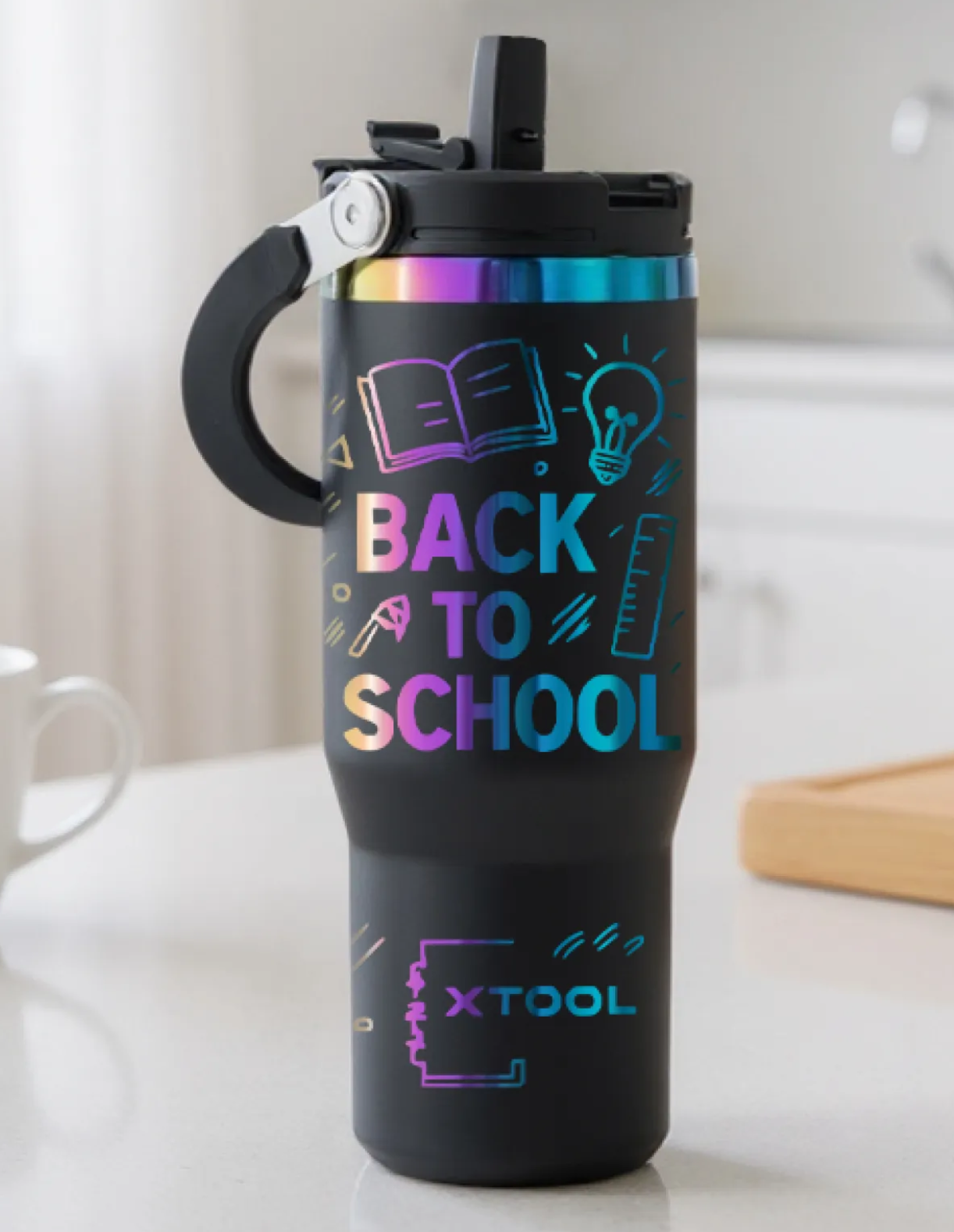 Stainless Steel Tumbler 30oz with Handle and Straw (Black Exterior/Iridescent Engraving) - Custom Engraved
