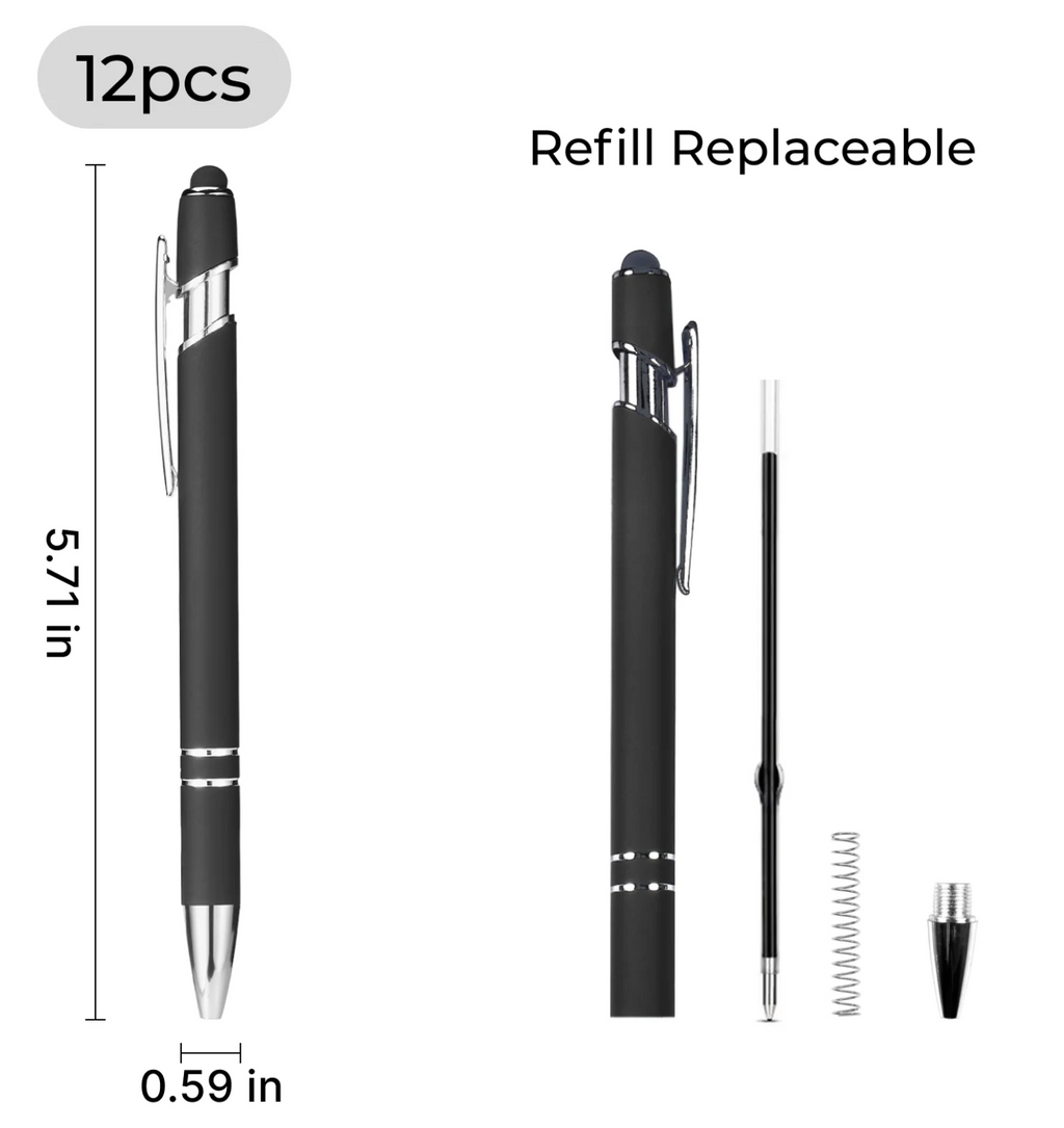 Ballpoint Pens with Stylus - Black (12pcs) - Custom Engraved